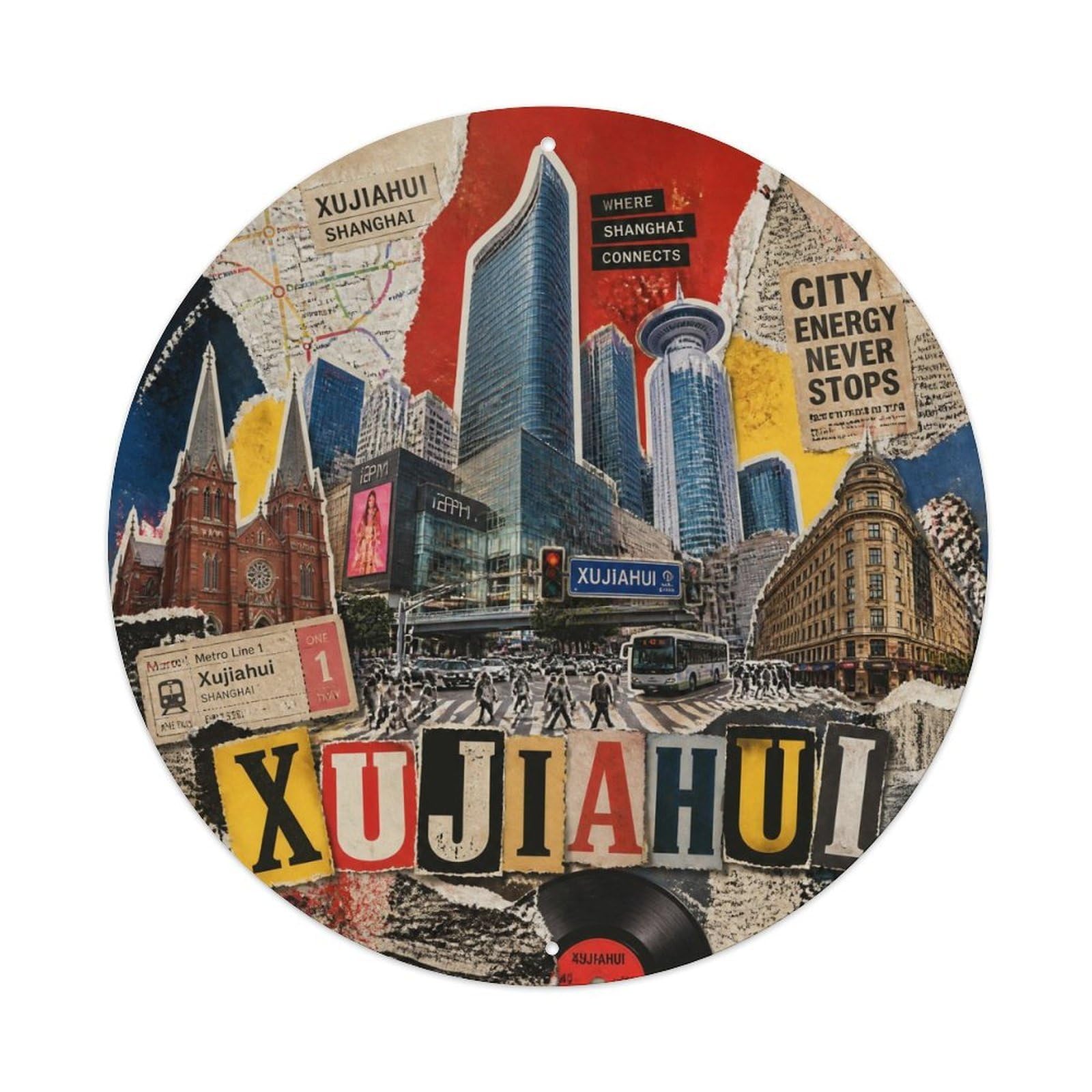 Okngb Style Landmark Route Shanghai Xujiahui District Travel Map Metal Tin Sign Plaque Wall Decor For Cafe, Man Cave, Club Bar, Office, Home Garden Round Metal Poster 8X8inch