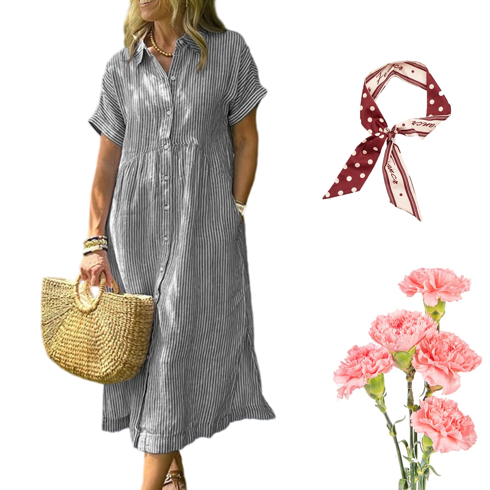 RJDJ Striped Lapel Button Down Shirt Dress with Functional Pockets, Boho Dress for Women 2025, Mid Length Striped Dresses