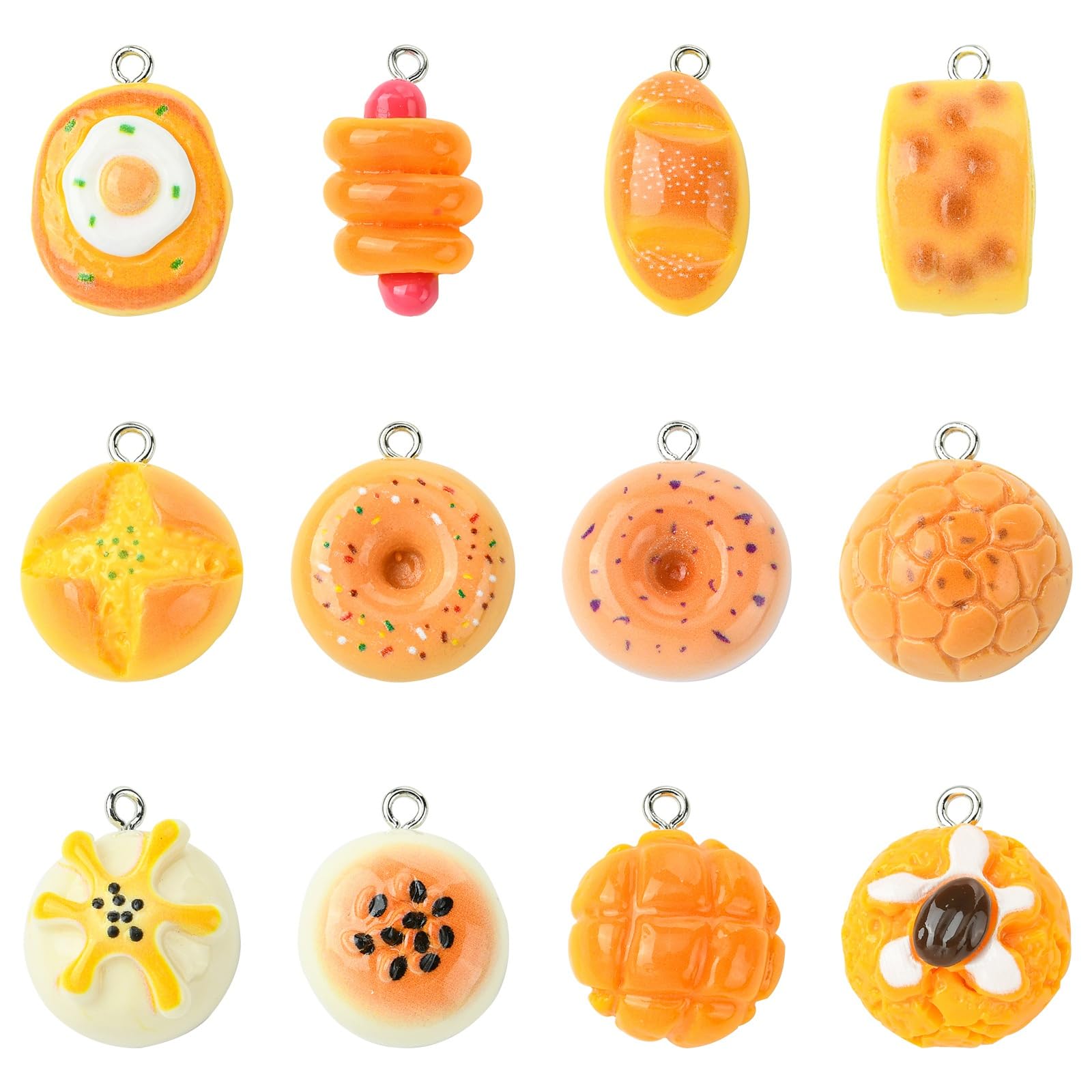 Stiesy 24Pcs 12 Styles Bread Resin Charms Simulation Food Flatback Charm Pendant Donut Bracelet Charms for Jewellery Making Crafting DIY Necklace Earring Presents