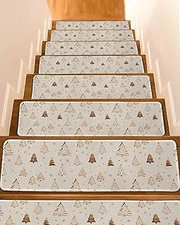 Stair Treads for Wooden Steps 15 Pack - 8"x30",Christmas Tree Sketch Indoor Stair Runner Non Slip Carpet Mat Staircase Step Treads for Kids Elders and Pets,Winter Snowflake on Linen