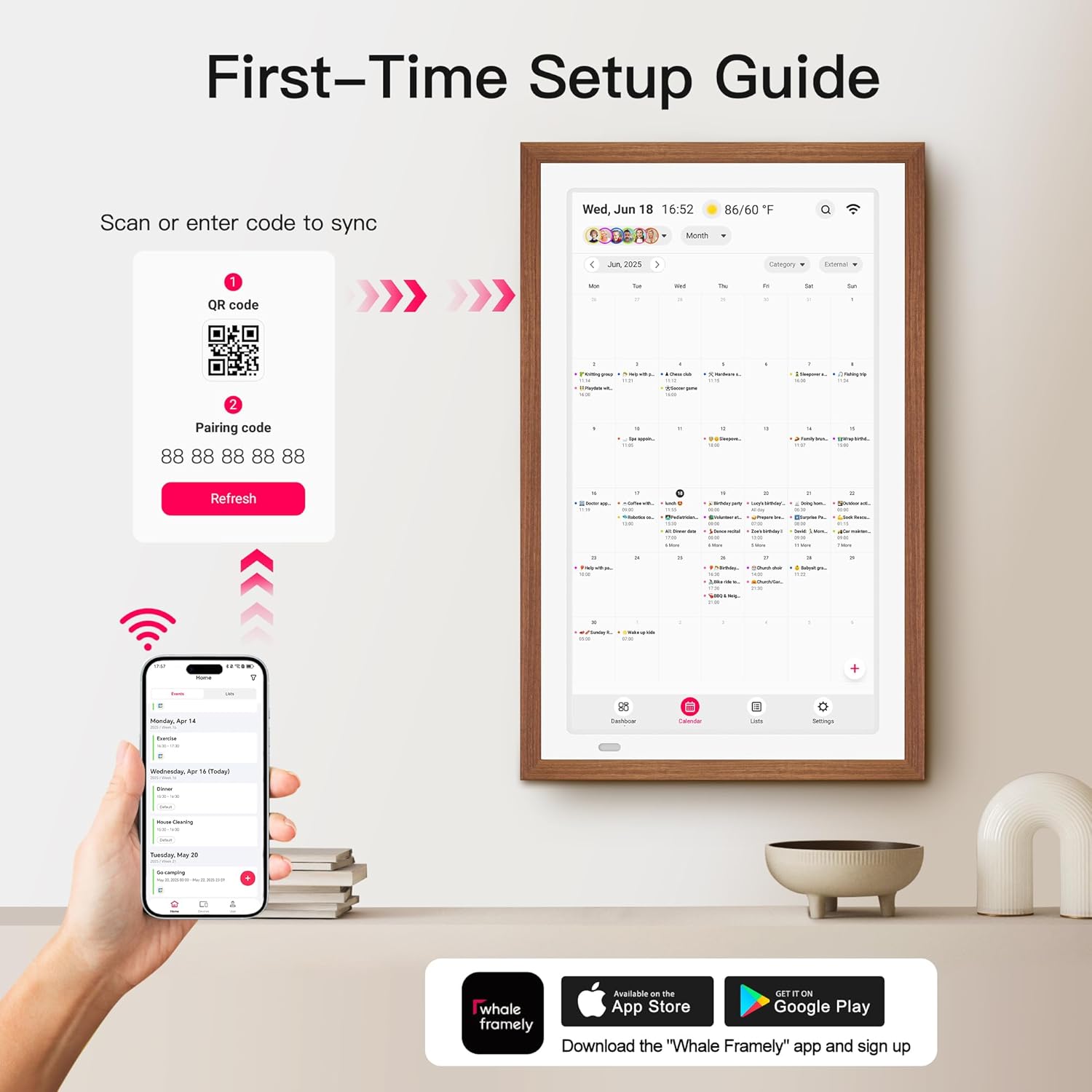 First-time setup guide showing a QR code and pairing code on the digital calendar screen, with a smartphone displaying the Whale Framely app ready to scan.
