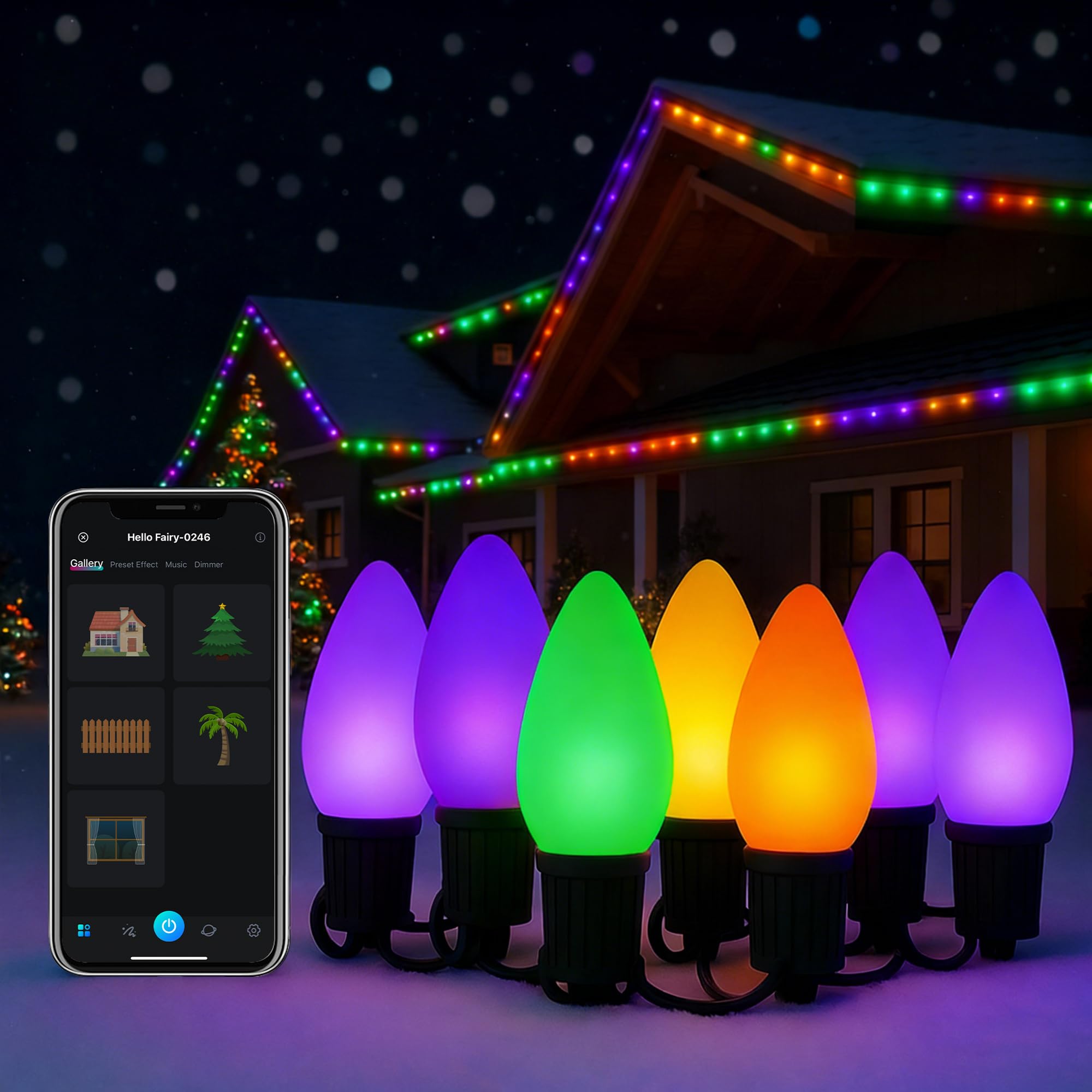 Probro Smart C9 - Luci natalizie a LED per esterni, 25 m, 150 LED, stile vintage, con telecomando, 105+ modalità, impermeabilità IP65, collegabili, sincronizzazione musicale per albero di Natale