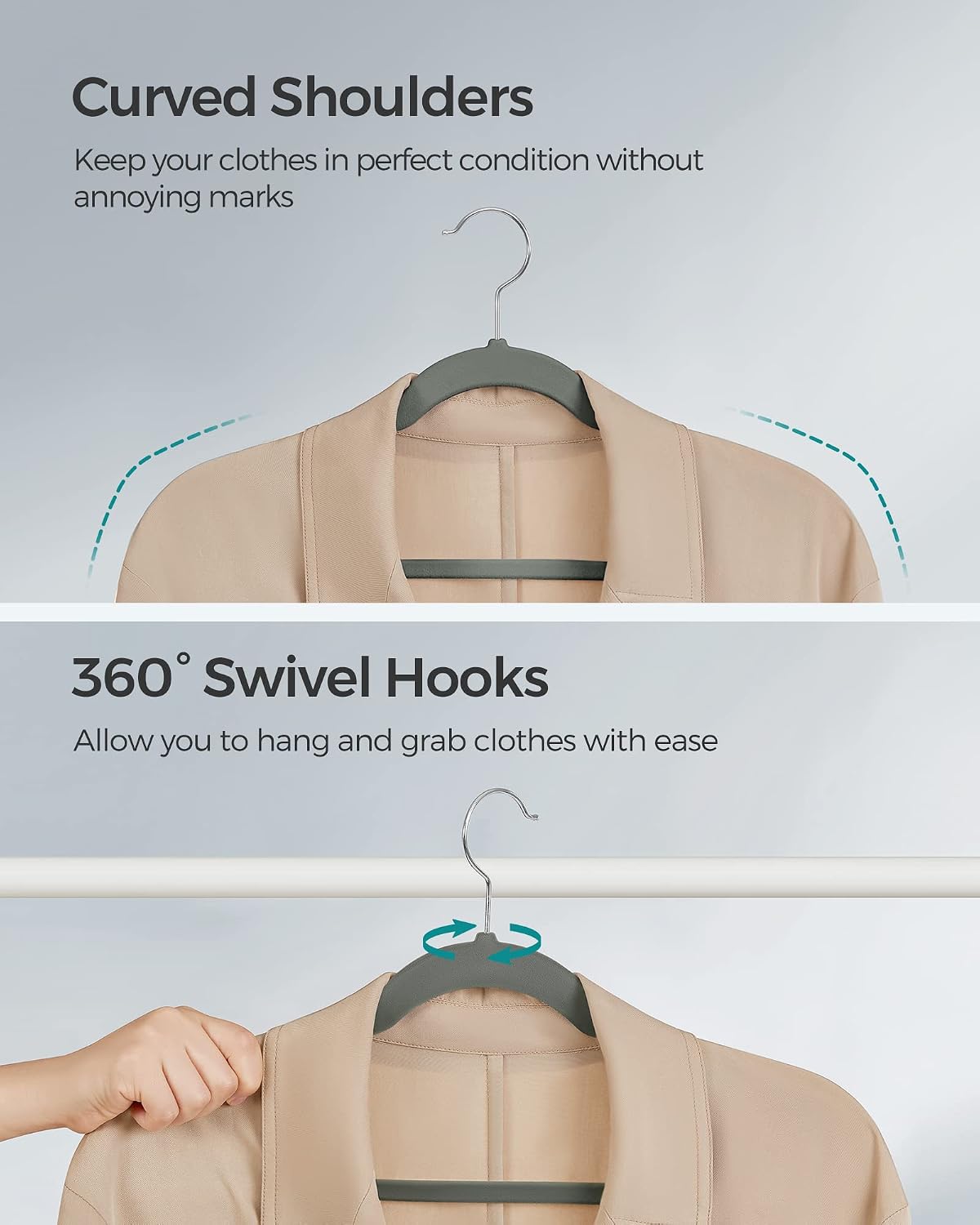 SONGMICS Velvet Hangers 100 Pack, Non-Slip Clothes Hangers with Shoulder Notches, Pants Bar, 360° Swivel Hook, Space-Saving, for Closet, Gray UCRF029G100