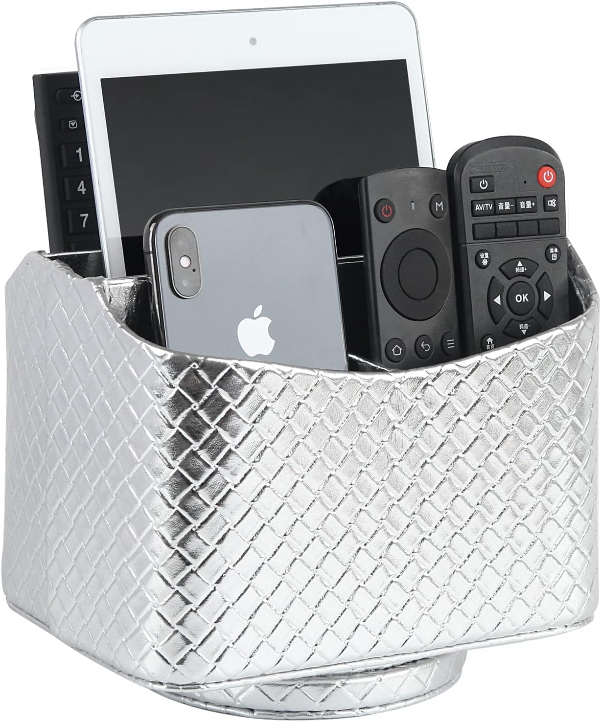HofferRuffer Spinning Remote Control Holder, Remote Caddy, 360 Degrees Rotatable Remote Control Organizer, Desktop Organizer Caddy Holder, PU Faux Leather (Silver)