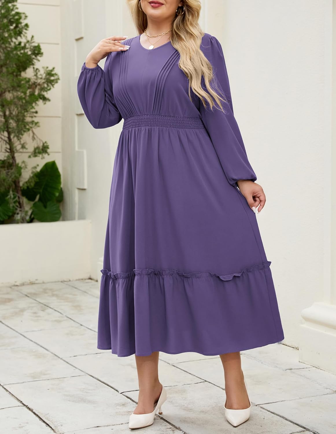 Hanna Nikole Women Plus Size Long Sleeve Casual Dress 2026 Spring V Neck Pleated Flowy Tiered Maxi Dresses with Pockets - Image 7