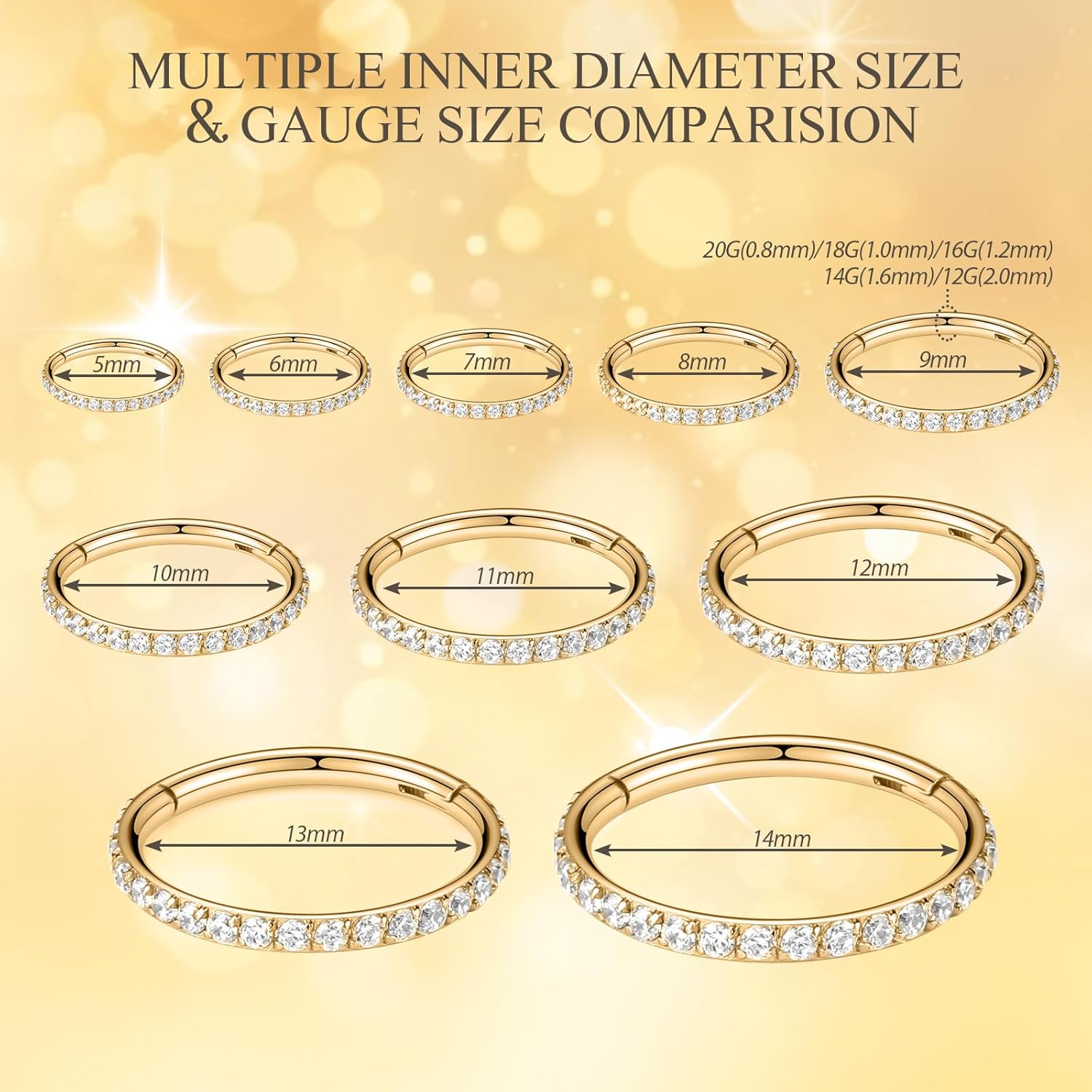 PEAKLINK Nose Ring 316L Surgical Steel Helix Cartilage Conch Earring with Gem Septum Clicker Daith Rook Tragus Lip Belly Ear Lobe Piercing Jewelry Nose Hoop, Diameter 5mm to 12mm - Image 3