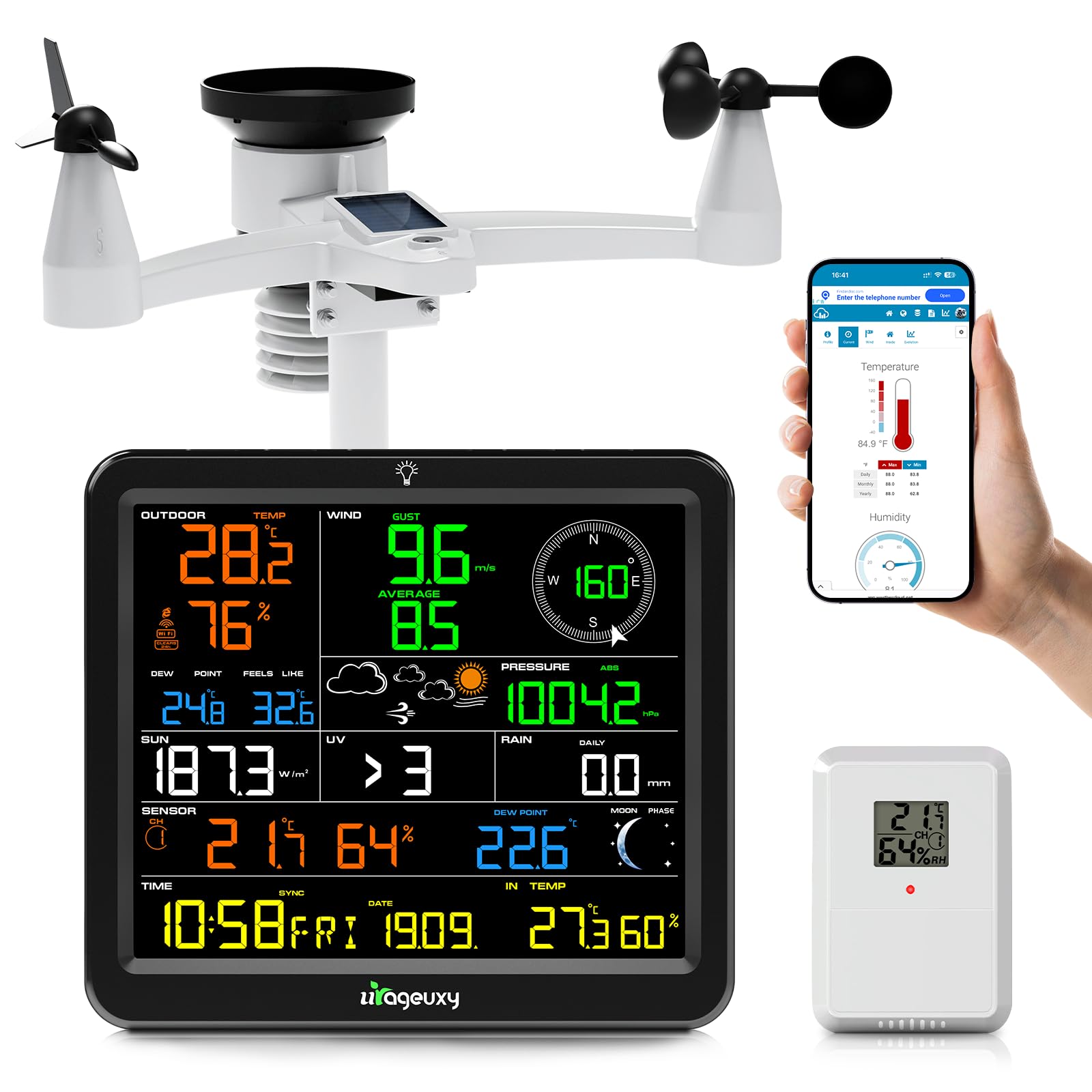Urageuxy WLAN Wetterstation mit Außensensor, 8,8" Farbdisplay, 7-in-1 Sensor für Wind, Regen, UV, Temperatur, Luftfeuchtigkeit, Luftdruck, Wettervorhersage, bis zu 8 Thermo-Hygrosensoren