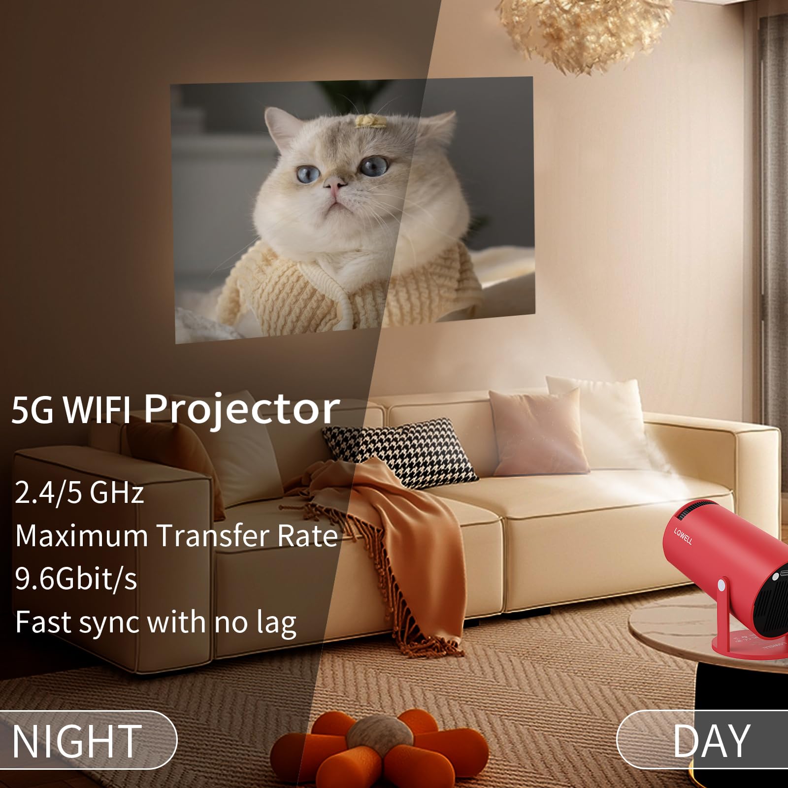 LQWELL Mini projecteur Wi-Fi 5G BT5.0 Android 4K HDMI 130 Pouces Home Cinéma