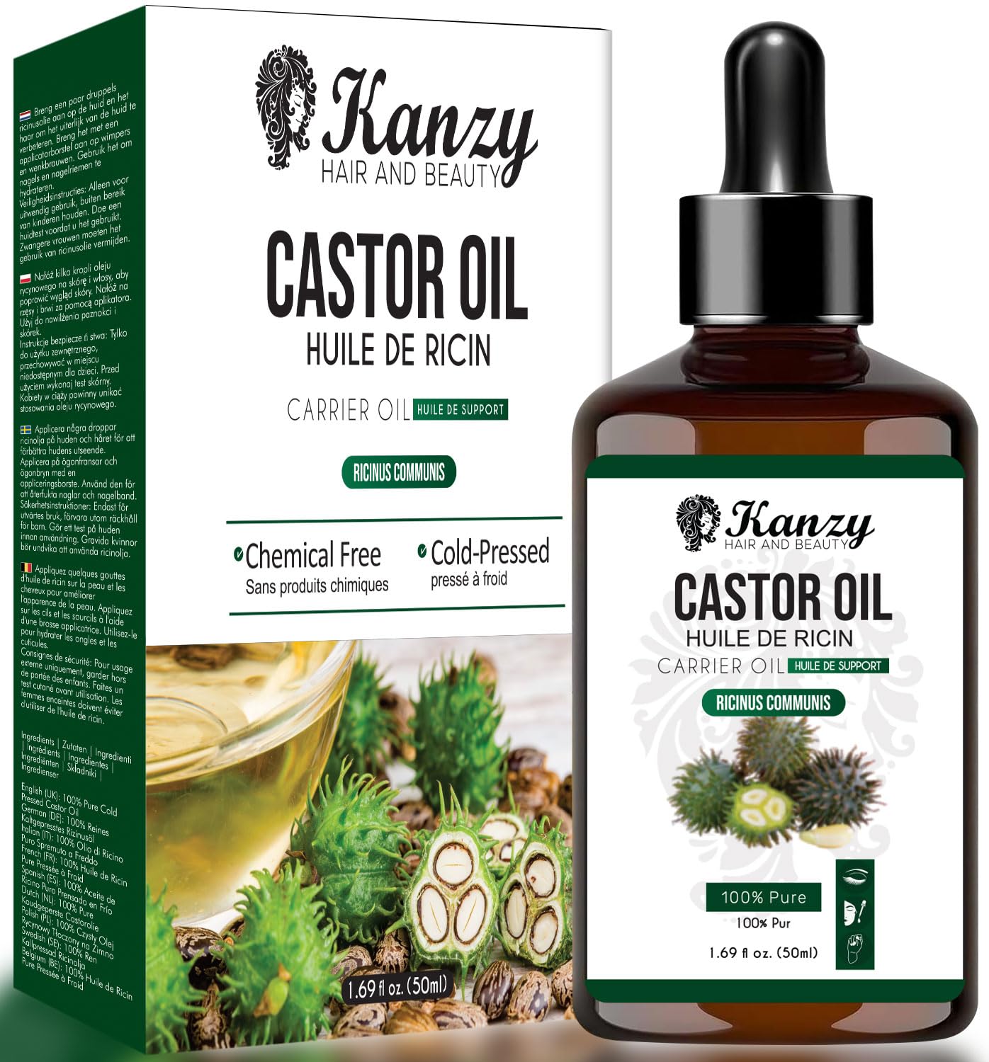 Kanzy Organic Castor Oil Cold Pressed 50ml - Pure Castor Oil for Hair, Skin, Nails, Eyelashes & Eyebrows - Natural Oil with Applicator Brushes for Easy Use