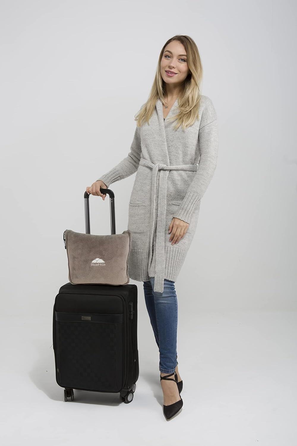 BlueHills Premium Soft Travel Blanket Pillow Airplane Flight Blanket Throw in Soft Bag Pillow case with Luggage Belt & Backpack Clip Compact Pack Large Airport Taupe T023 - Image 7