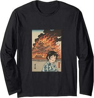Disaster Girl Meme Ukiyo-e Burning Castle Woodblock Art Long Sleeve T-Shirt