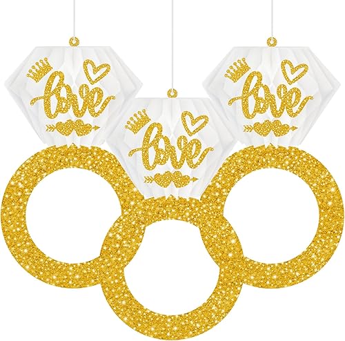 3 piezas de anillos de diamantes de panal para colgar en fiestas de compromiso, pompones de papel dorado con purpurina de panal de abeja, propuesta