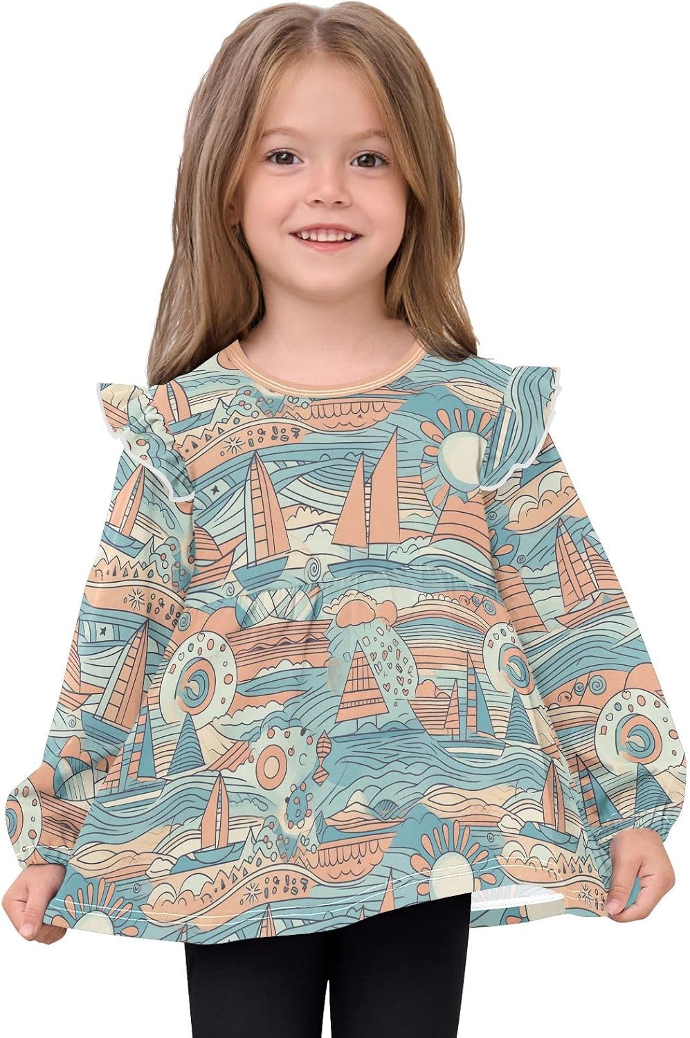visesunny Toddler Clothes for Girls Wave Boat Vintage Long Sleeve Fall Shirts Cotton Top with Ruffle Collar
