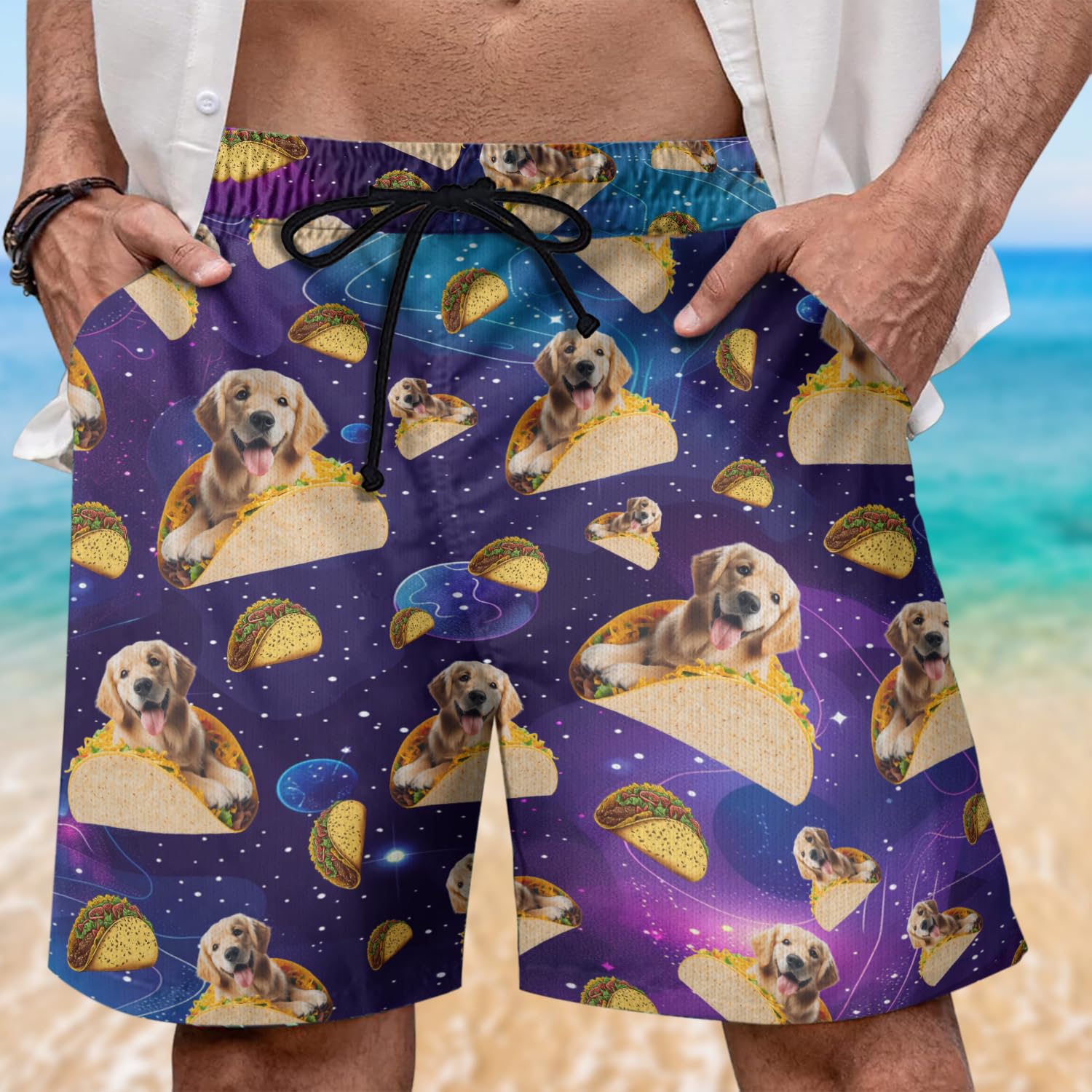 Funny Taco Golden Retriever Mens Swim Trunks - Lovely Dog Hawaiian Mens Shorts - Summer Drawstring Beachwear Shorts Series 65 Size XL