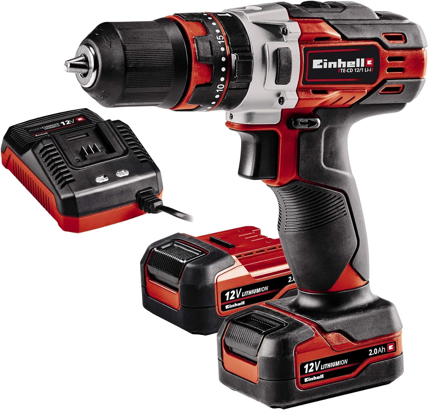 Einhell Taladro de impacto sin cable TE-CD 12/1 Li-i (2x 2,0Ah Li-Ion, 12 V, 22 ajustes de par, caja cambios 2 veloc., incl. función taladro impacto, LED, incl. 2x 2,0 Ah batería + 45 min. cargador)