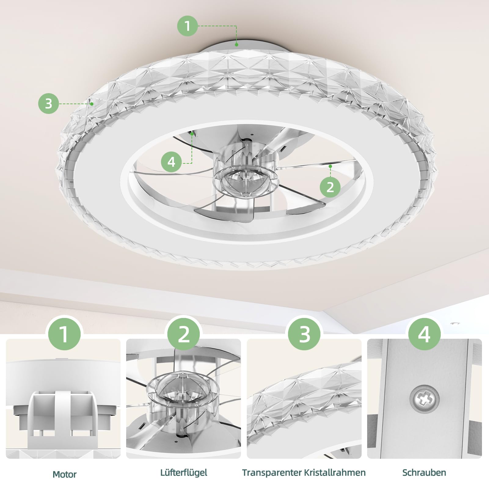 Ateroll Deckenventilator mit Beleuchtung Ø43.5CM, Kristall Dimmbar 3000K-4000K-6500K-RGB, 6 Geschwindigkeiten Fernbedienung