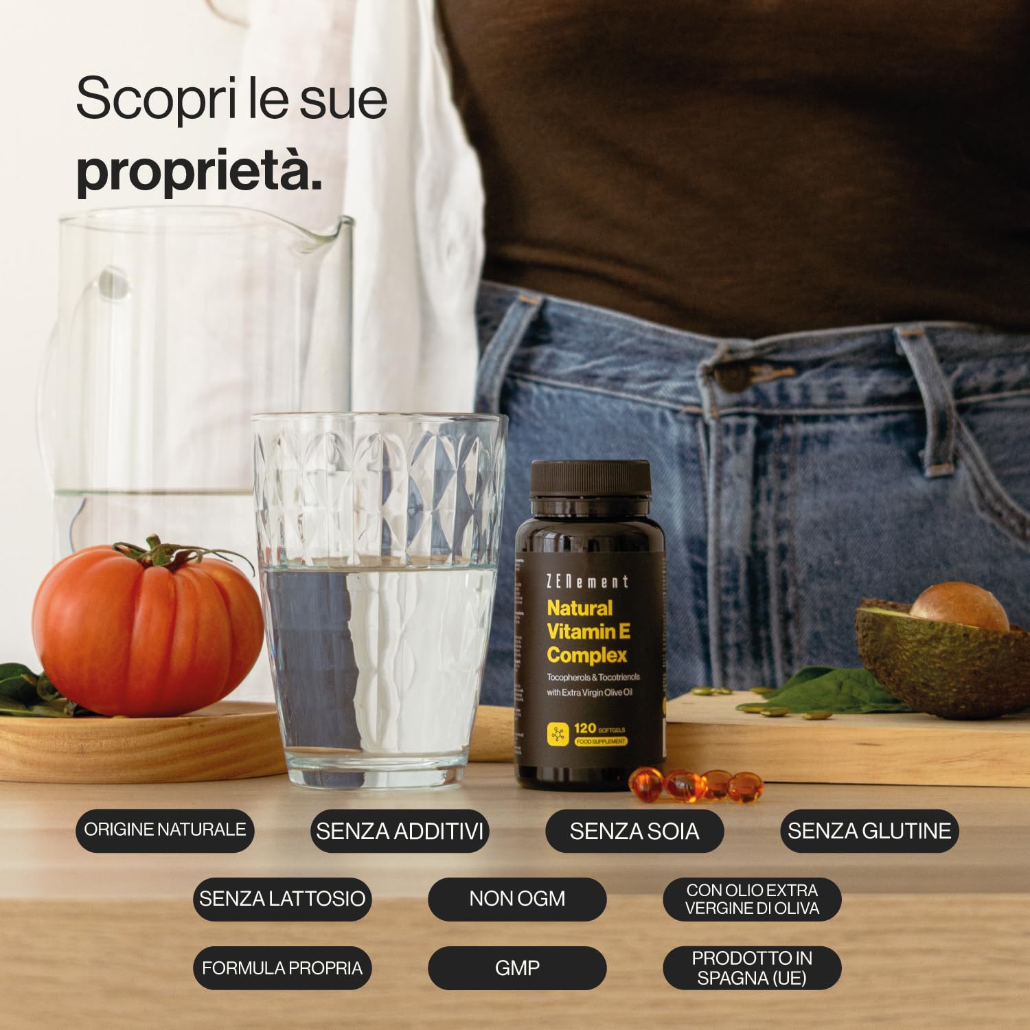 Natural Vitamin E Complex – Tocoferoli e Tocotrienoli – Potente Antiossidante, Protegge le Cellule dallo Stress Ossidativo – con Olio Extravergine di Oliva Spagnolo – 120 Capsule – Zenement