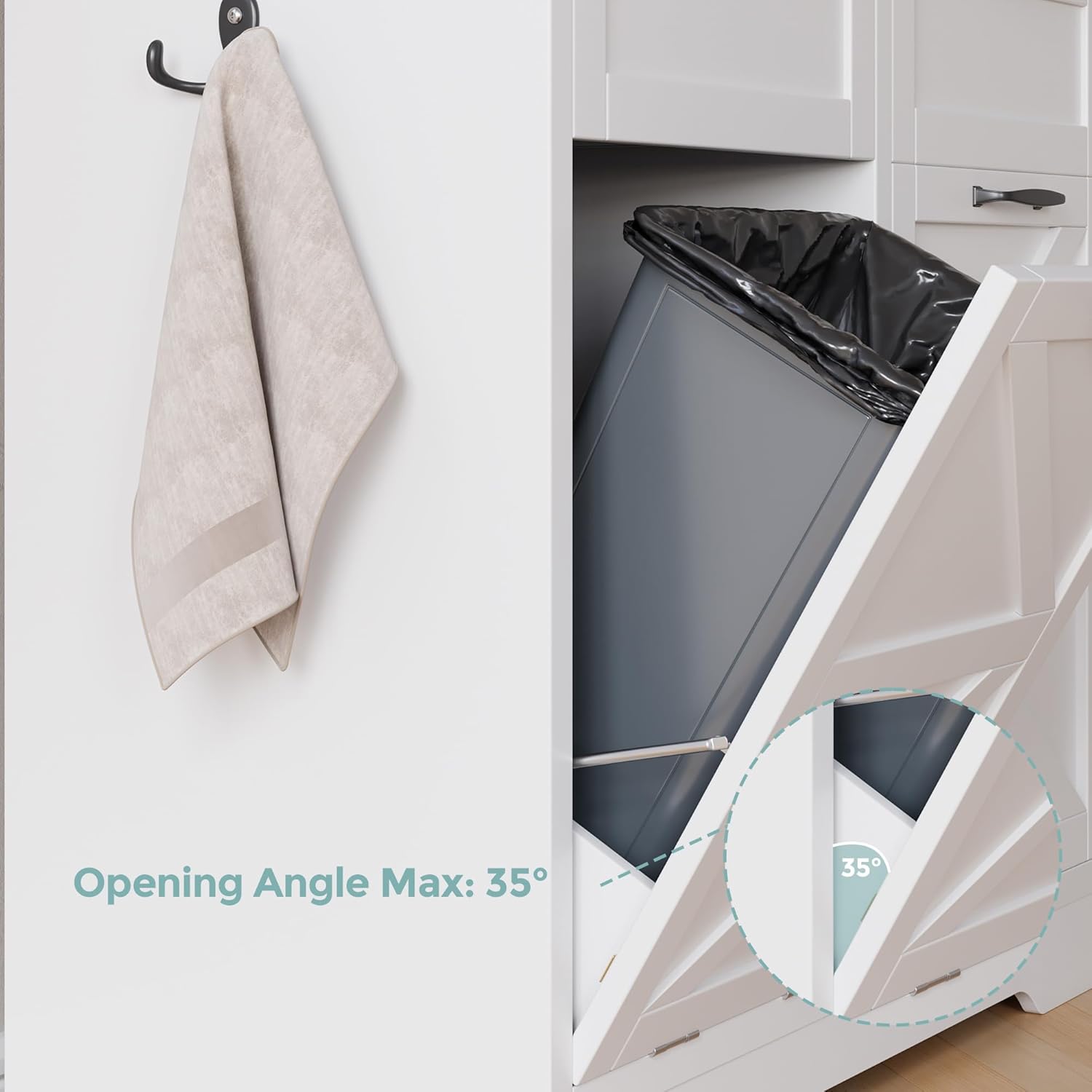 Double Tilt Out & Push-Open Trash Can Cabinet, 2x10 Gallon Freestanding Hidden Garbage Recycling Bin with Drawer & Laundry Sorter, Hideaway Pet Proof Trash Can for Kitchen, Living Room - White