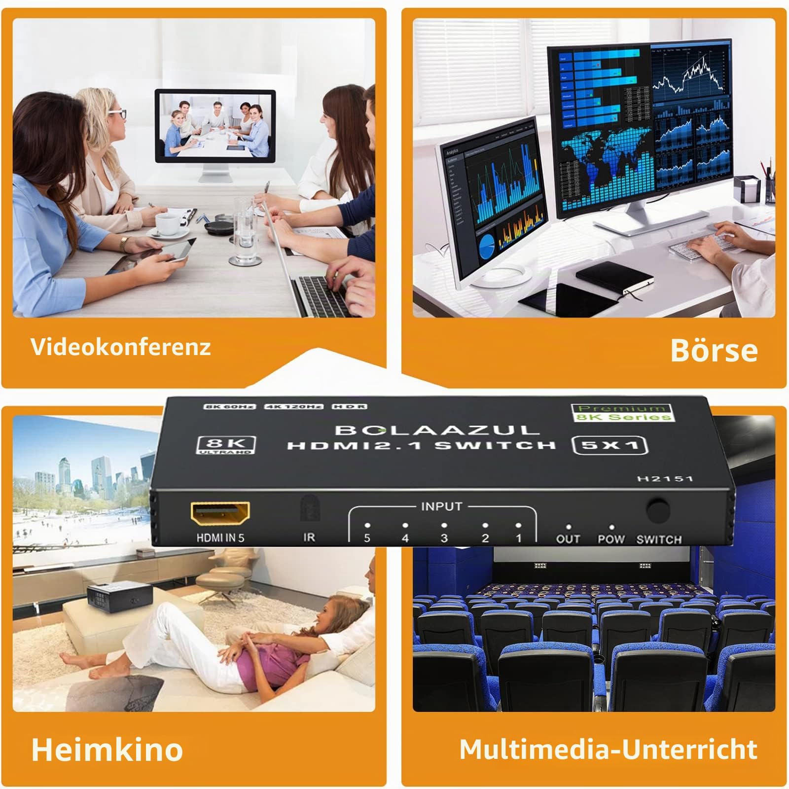 8K HDMI 2.1 Switch 4K 120Hz, Bolaazul HDMI Umschalter 5 in 1 Out 8K@60Hz 4K@120Hz 2K@144Hz, HDMI 2.1 Splitter 5-Port mit IR Fernbedienung, HDMI 5x1 HDR, 48GBPS, CEC, Dolby Vision für Xbox PS5 PC TV