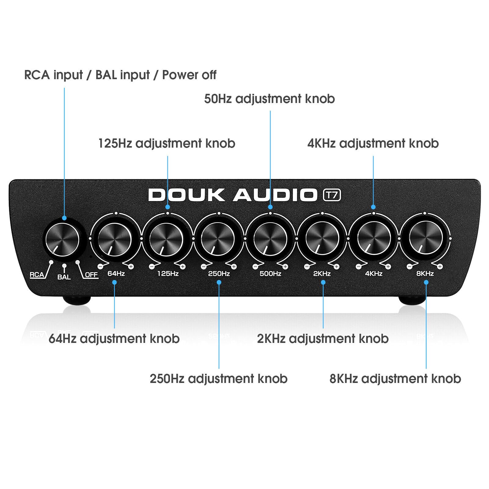 Douk Audio Equalizzatore a 7 bande, bilanciato XLR/RCA preamplificatore per amplificatore domestico