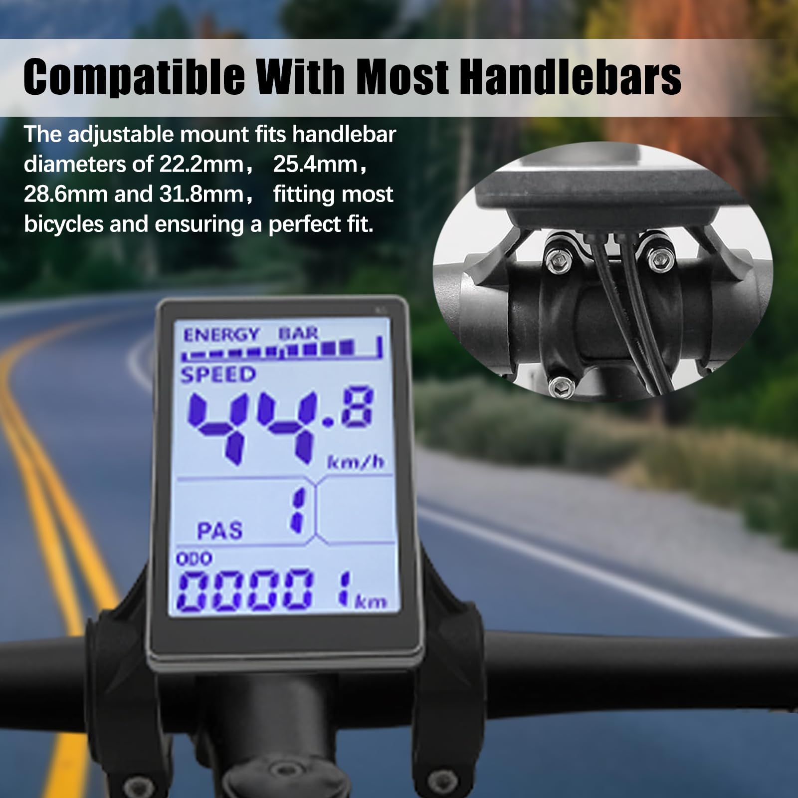 Elektrofahrrad LCD Display, 24V 36V 48V 60V 5-polig Elektrofahrrad-LCD-Messgerät mit Wasserdichter Stecker, E Roller Panel Bildschirm Fahrradzubehör für 31,8 22,2mm Elektro Fahrräder