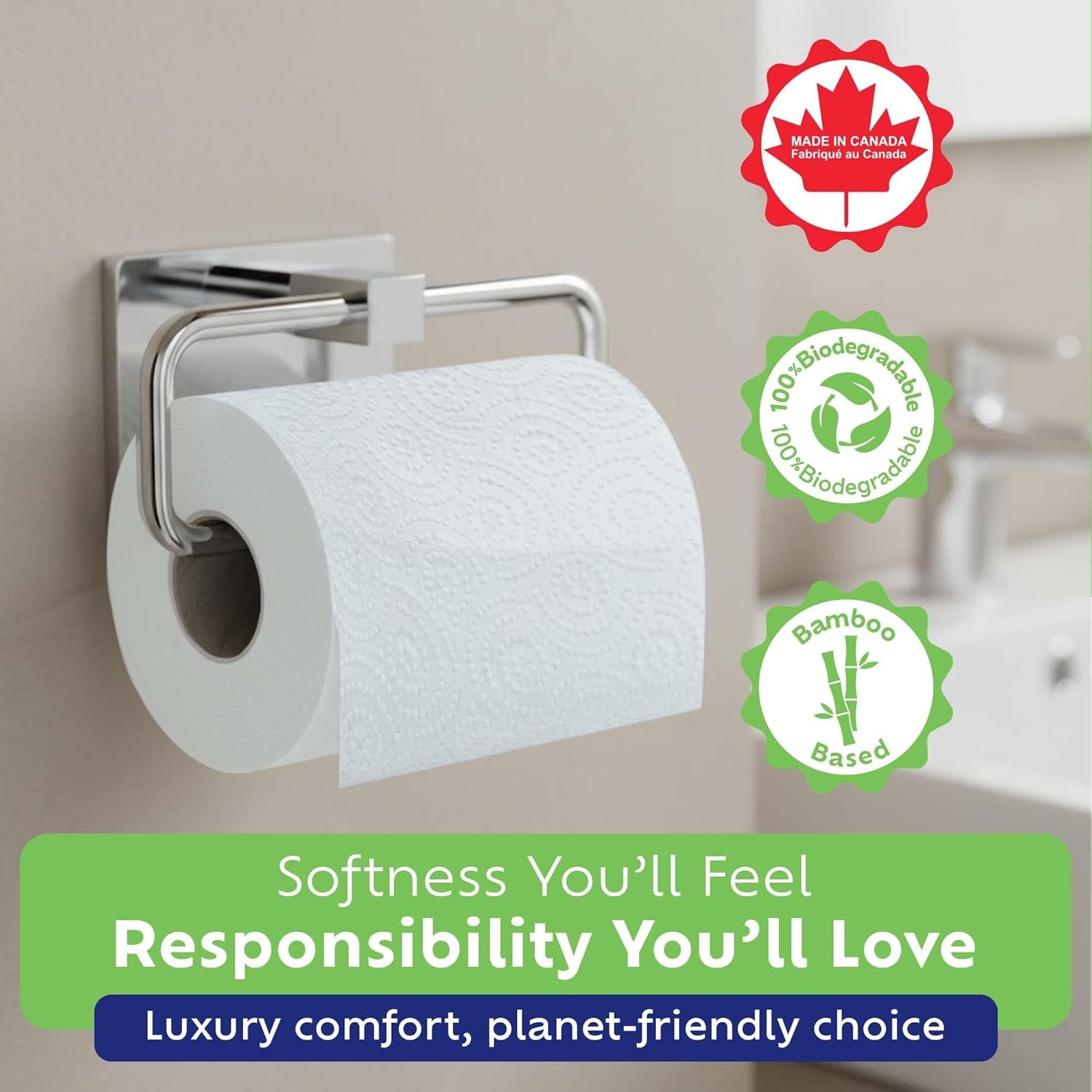 Bamboo Toilet Paper, Septic Safe Toilet Paper 2 Ply 24 Rolls 300 Sheets Per Roll, Soft Unscented Bath Tissue, RV Safe, Eco-Friendly, Non Chlorine, PFAS Free, Made in Canada