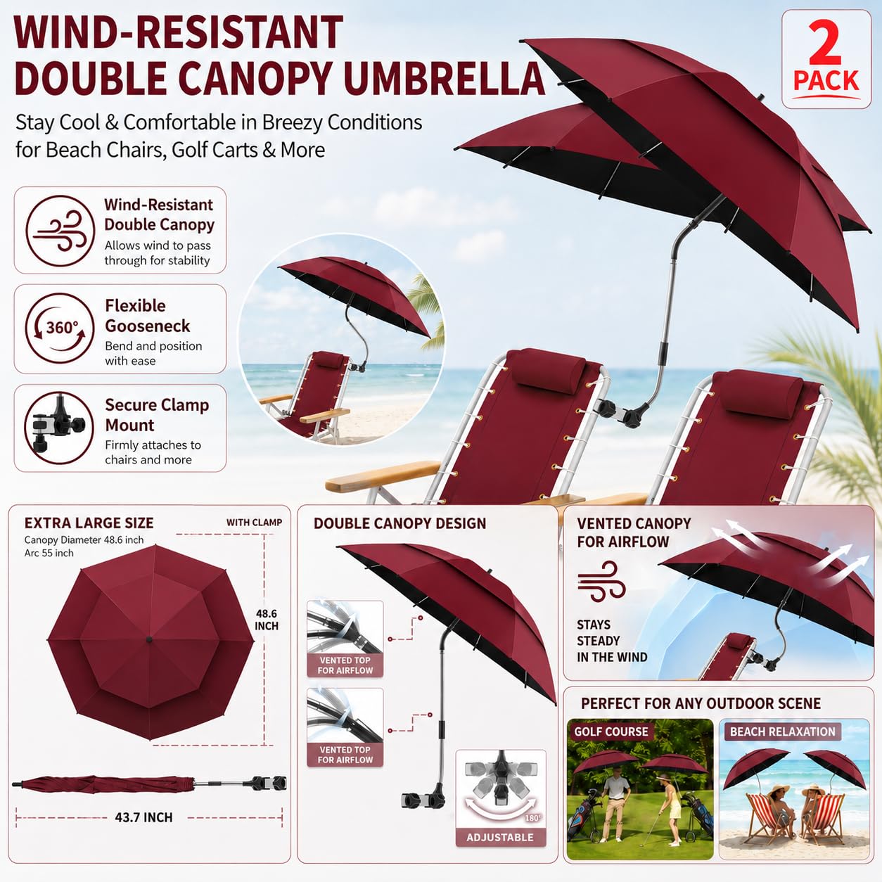Parasol Double de 123,4 cm avec Pince, Protection UPF50+, Parasol de Plage avec Clip, réglable à 360° pour Fauteuil Roulant, terrasse, Camping,Rouge,1 Pack