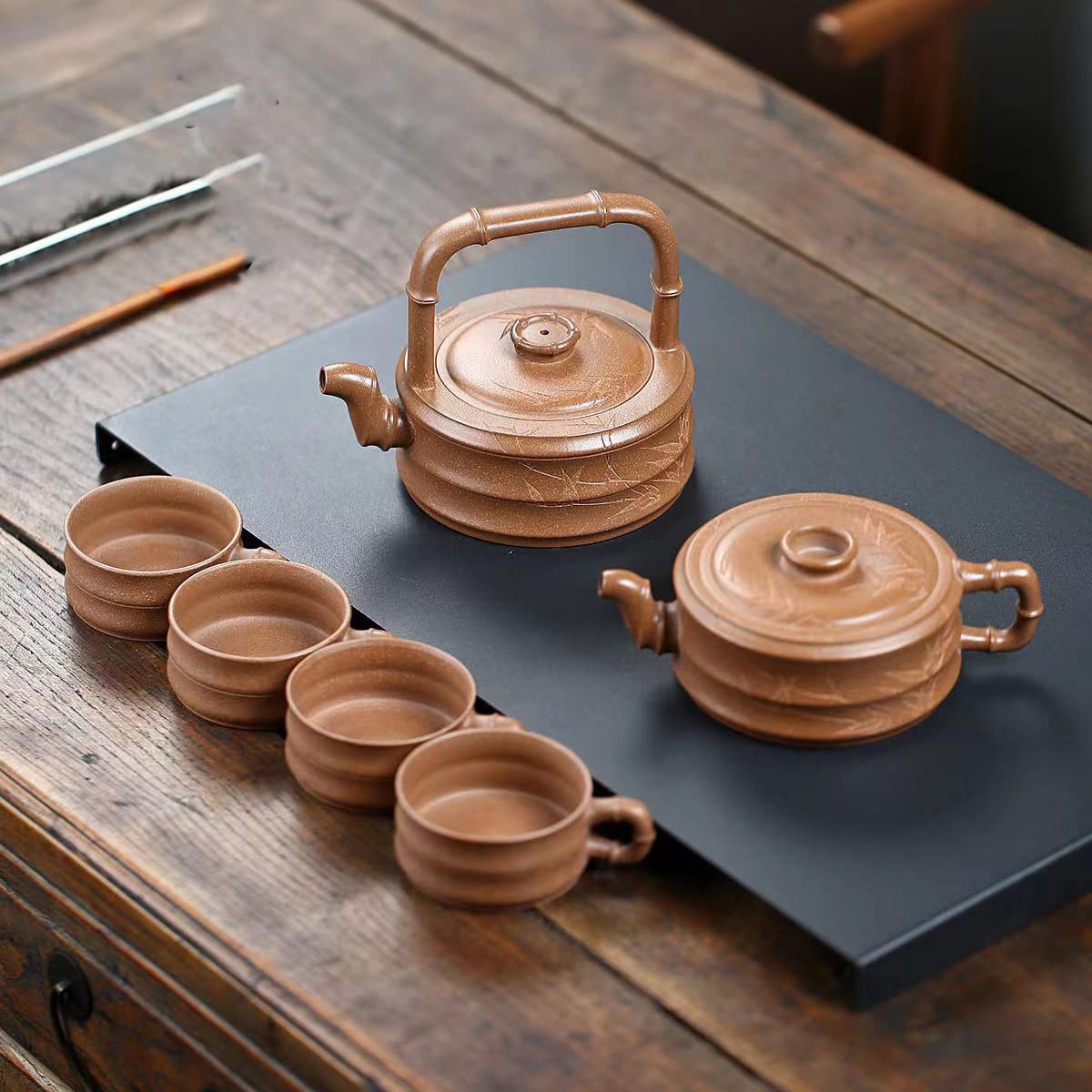 Precious Yixing Zisha Clay Teapot Set,2 Teapots and 4 Cups,Chinese Official Research Master Handmade Tea Pot with Collection Certificate and Gift Box (ZhuYun Set,Duanni Clay)