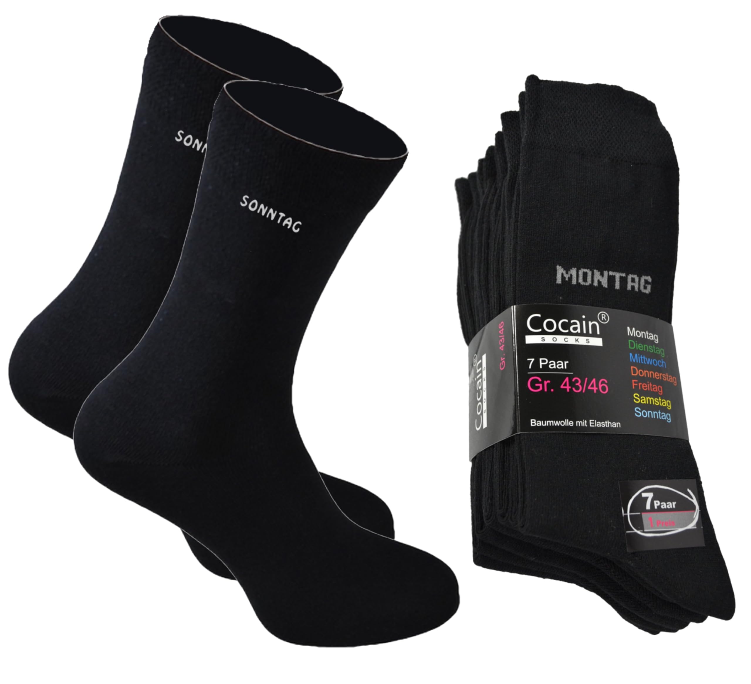 Cocain underwear 7 | 14 | 21 Paar Damen & Herren Socken schwarz mit Wochentag am Schaft 7-Tage-Socken in Grössen 35-38, 39-42, 43-46 oder 47/50