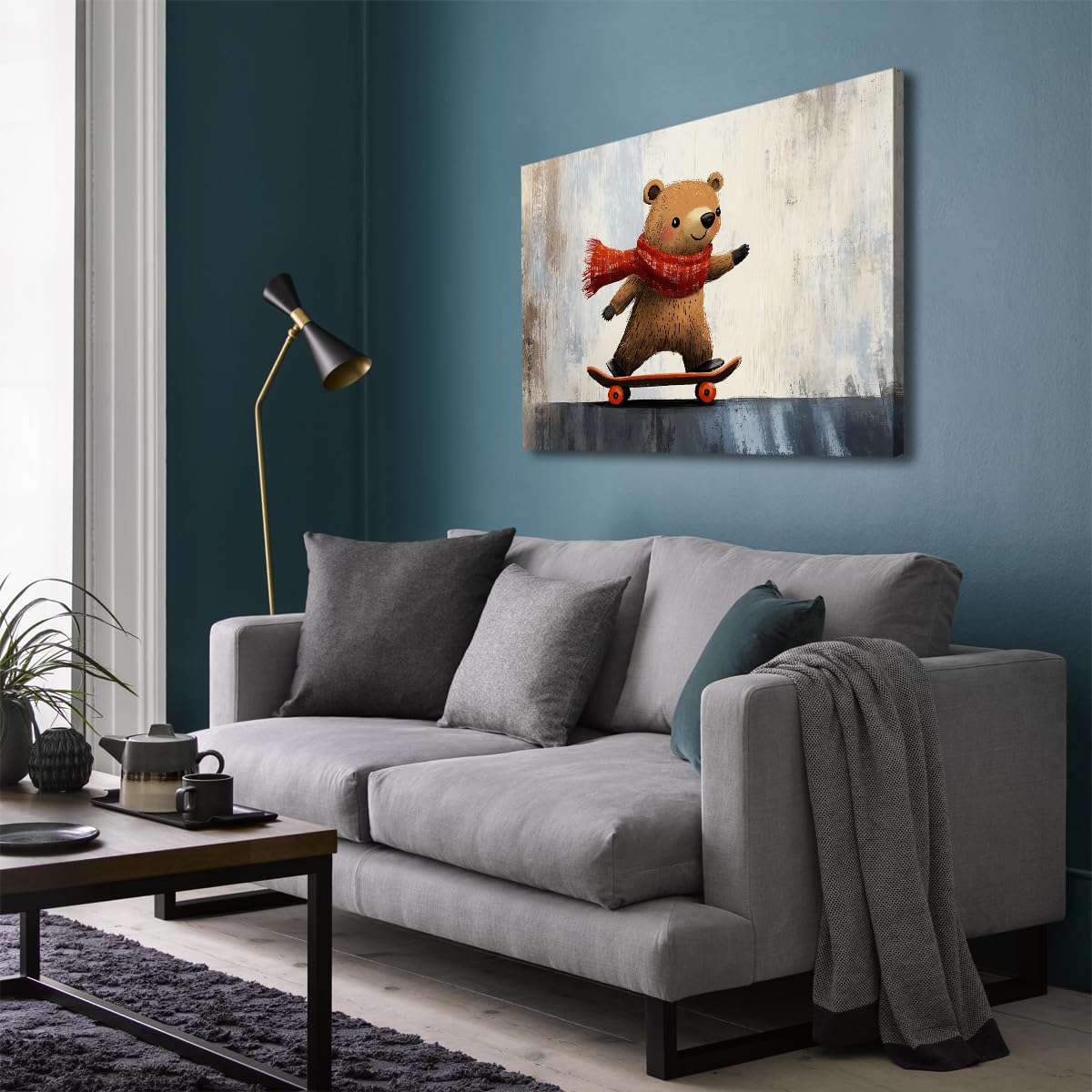 Via Vela Sculptures murales en toile d’ours en skateboard illustrations ludiques d’animaux de nursery affiches modernes pour chambre salon décoration intérieure 50x60cm