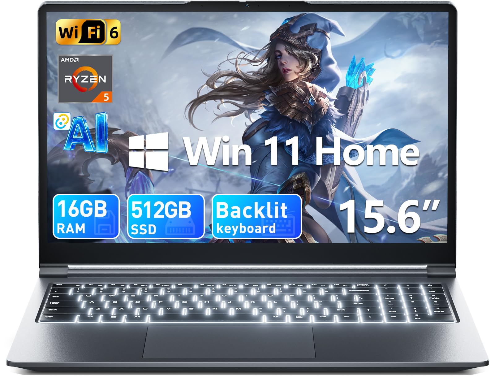 Laptop 15.6 Zoll, 16GB RAM 512GB ROM,Enthaltene AI Copilot, AMD R5 (übertrifft i5-13420H, bis zu 3.6GHz), FHD Display Notebook, WiFi 6 USB 3.0, Full-Function Type-C