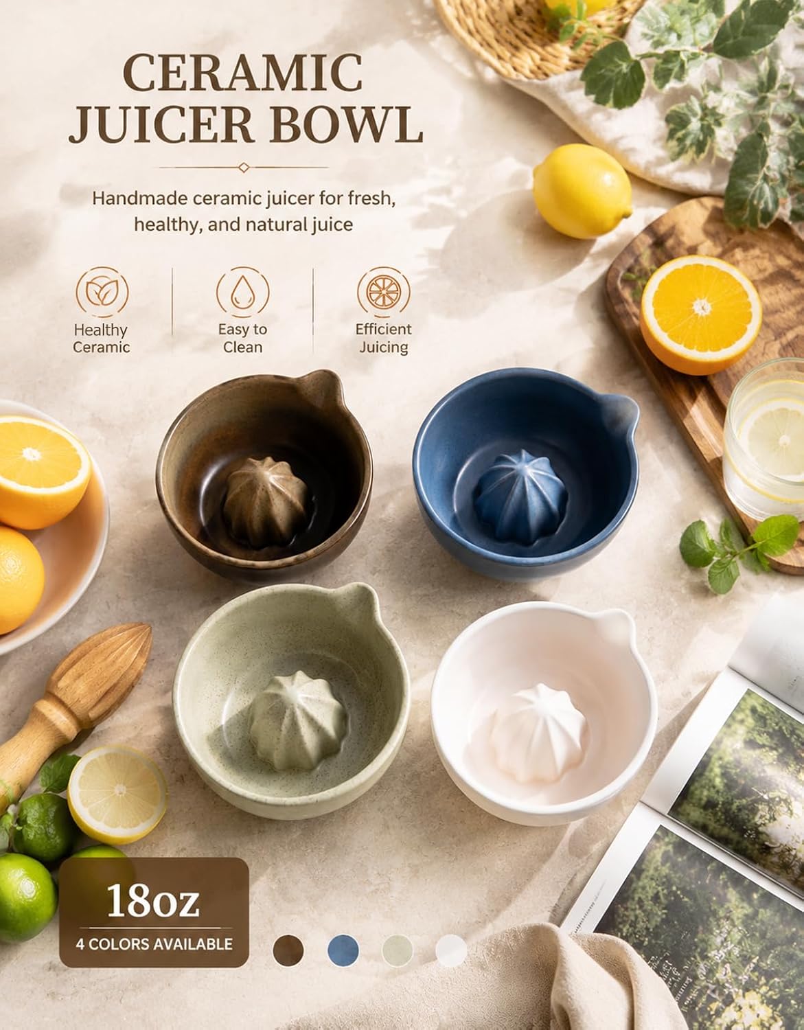 18oz Citrus Juicer Bowl Ceramic Manual Juicer Lemon Squeezer Orange Juicer | Hand Fruit Juicer with Pour Spout, 18 Oz Grapefruit Lemon Citrus Juicer, Lime Squeezer for Fresh Juice and Cocktails