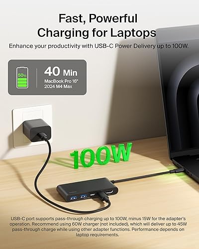 Miniatura 5 de Belkin Concentrador USB C, concentrador de 5 puertos con pantalla HDMI 4K @ 60Hz, entrega de energía de 100 W, transferencia de datos rápida de 5