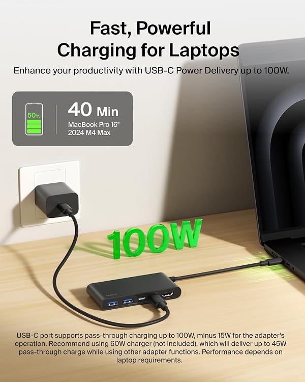 Belkin USB C Hub, 5-Port Hub with 4K HDMI Display @ 60Hz, 100W Power Delivery, Fast Data Transfer 5Gbps, USB C Multiport Adapter for iPad Pro, Chromebook, Neo MacBook Accessories with HDMI 2.0 Port by Belkin - Used condition - Image 5