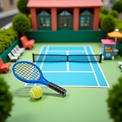 Miniatura 4 de Juego de raquetas de tenis en miniatura, accesorios a escala 112, juego de mini raqueta, tenis pequeño (rosa)