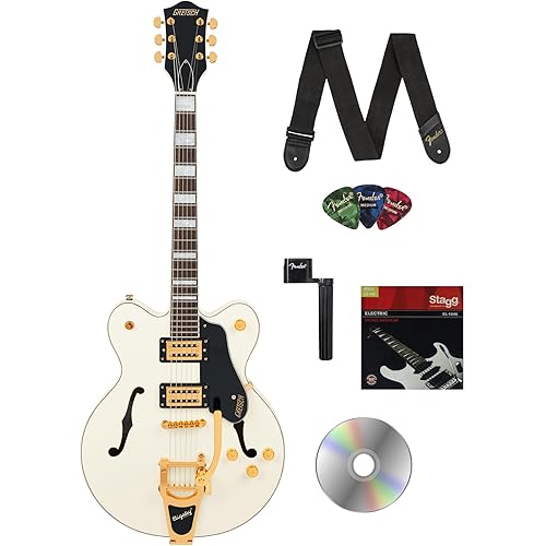 Gretsch G2622TG Streamliner Center Block Double-Cut with Bigsby Electric Guitar - Vintage White Bundle with Strings, Strap, String Winder, Picks, and Austin Bazaar Instructional Video
