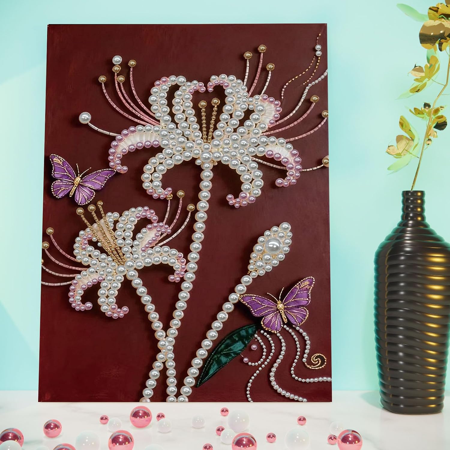POETRYDRAW DIY Diamond Pearl Painting Kit for Adults Lily Butterfly, Beginner Friendly Craft Kits with Frame 30x40cm, Home Decor Housewarming Gift, Diamond Dots Beads Canvas Art for Wall Decor