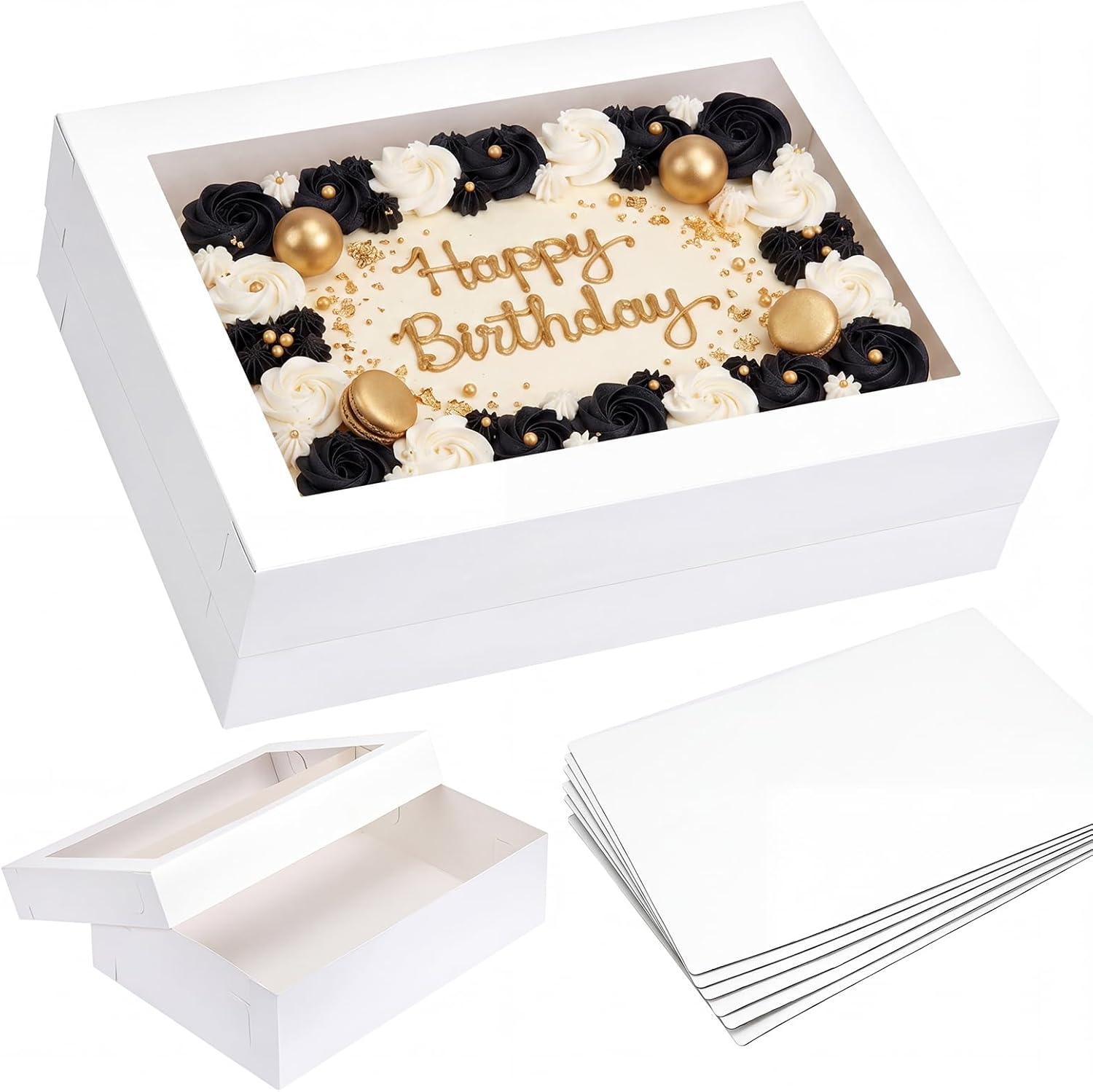 Moretoes 10pcs 14x10x4in Sheet Cake Boxes with Cake Board, White Rectangle Bakery Boxes with Window, for Quarter Sheet Cakes, Donuts, Cupcakes, Brownie&Pie For Graduation