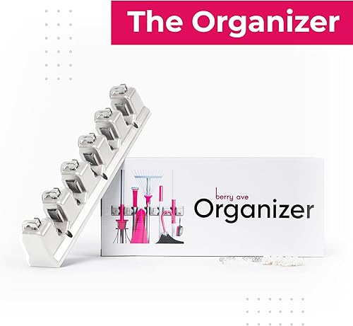 Miniatura 15 de Berry Ave - Soporte para escobas y herramientas de jardín, montaje en pared, lavandería, cocina, armario, cobertizo o garaje, 5 ranuras y 6 ganchos