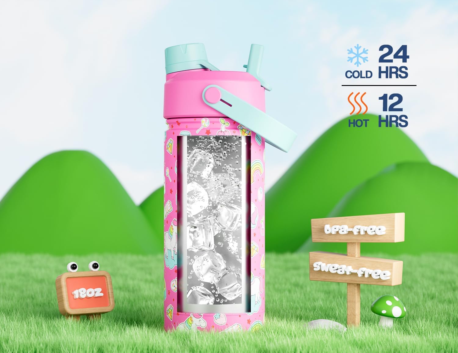 18 oz Kids Water Bottle for School: Leakproof, 2-in-1 Straw Spout Lid, BPA-Free, Easy Carry, Keep Cold 24H, Insulated Stainless Steel Cup for Backpack, Sports, Camping, Trip, Gift, Home (Cute Unicorn) - Image 5