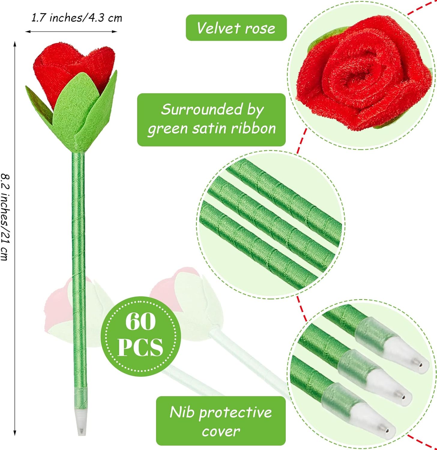 Zonon Valentine‘s Day Rose Pens Plush Flower Ballpoint Pens for Girls Teens Adults Girlfriend Wife Mother Birthday Valentines Presents Gifts Party Favor Office Supplies (60 Pieces)