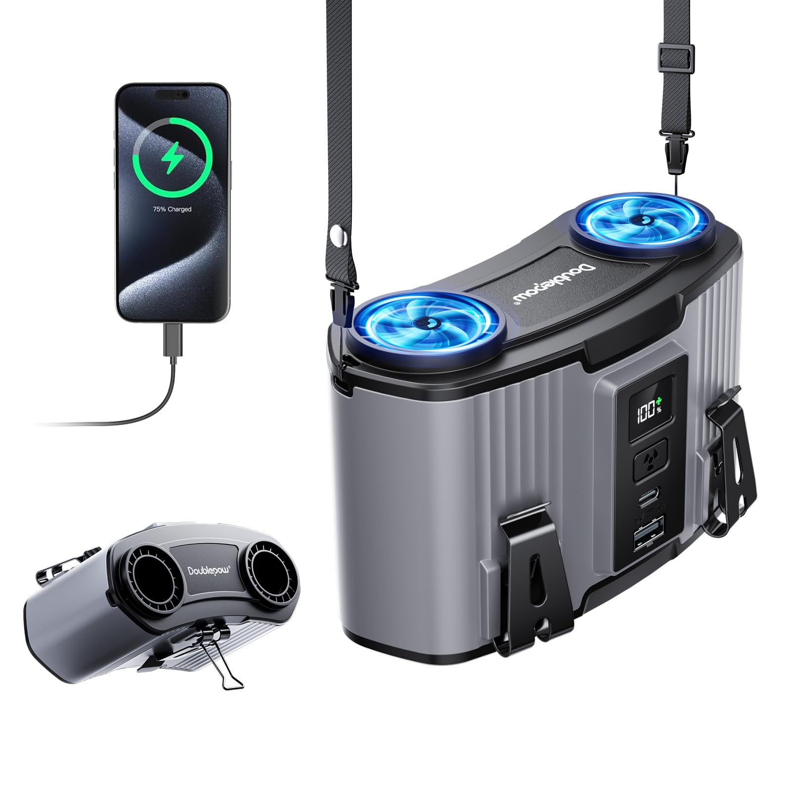 Doublepow Ventola portatile da 24000 mAh, ventilatore personale a doppia vita, motori a doppio condotto d'aria, cintura a clip per lavoro, 10 velocità e 40 ore ricaricabile, raffreddamento del collo