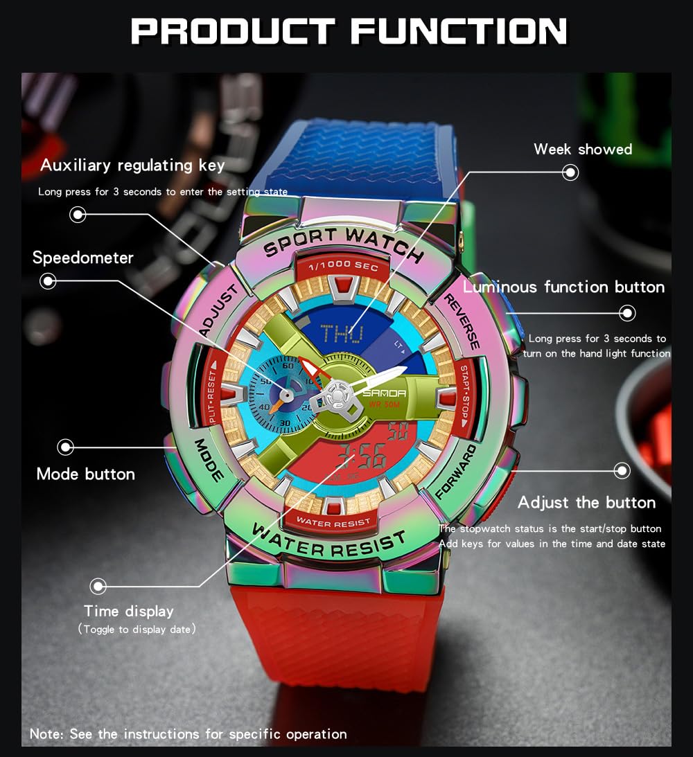 MASTOP Montre pour homme couleur arc-en-ciel analogique numérique étanche 5 ATM, contraste élevé, noir brillant, montre militaire d'extérieur rétroéclairée