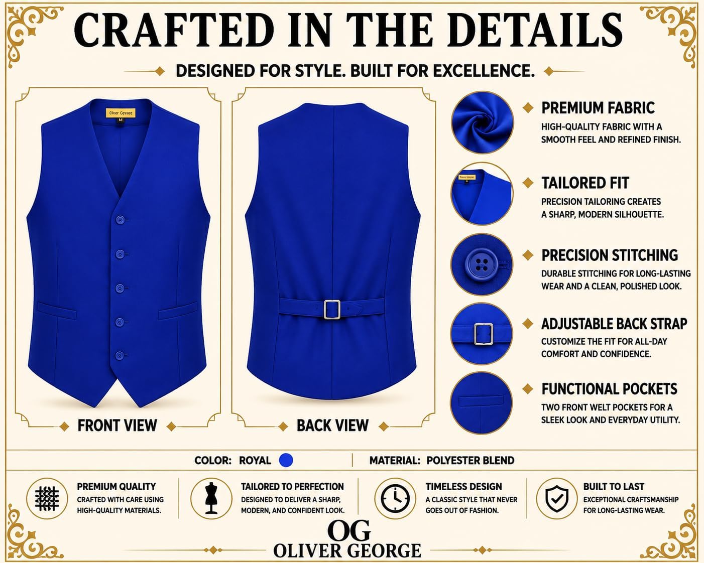 Oliver George Men’s Solid Formal Suit Vest Tuxedo Waistcoat Business Dress Vest For Suit or Tuxedo
