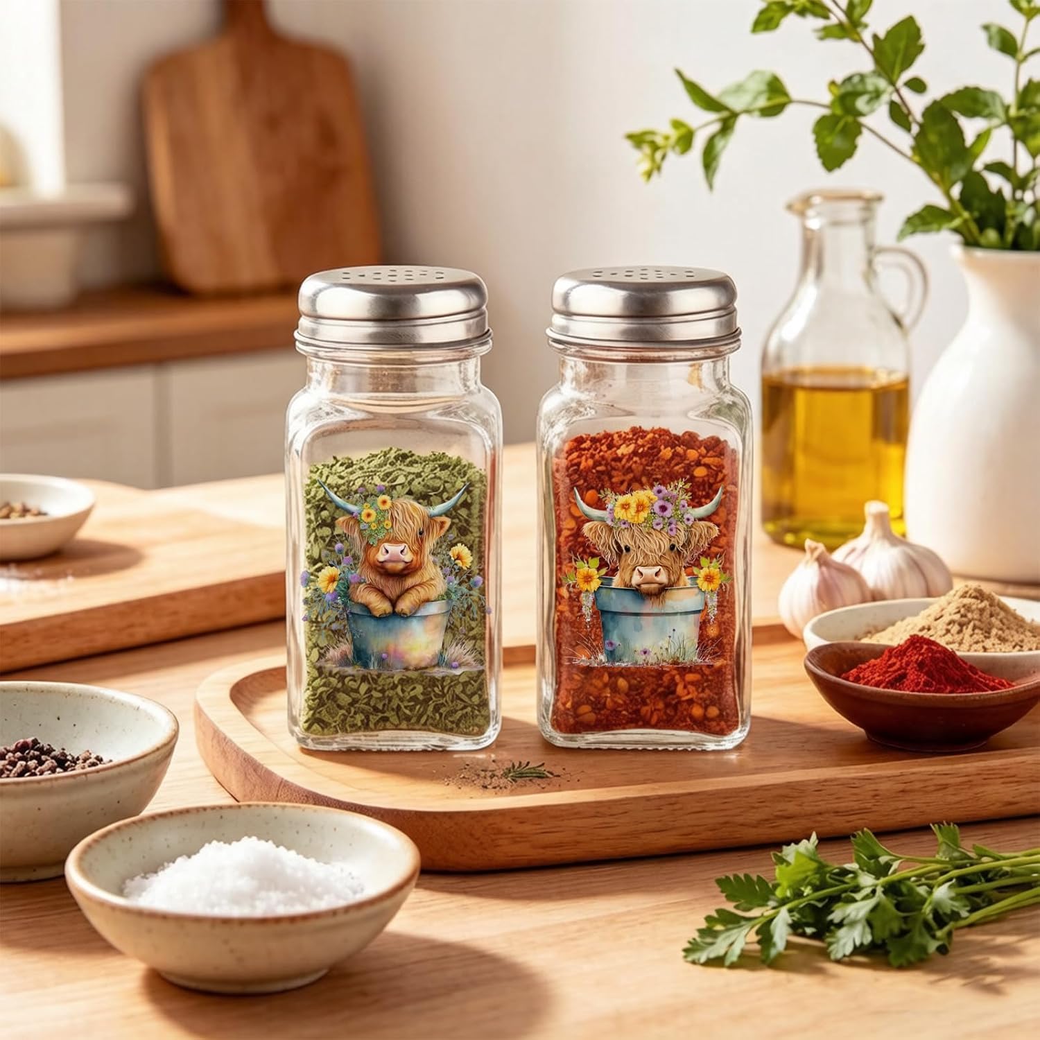 AnyDesign 2Pcs Highland Cow Salt and Pepper Shaker Sets Rustic Brown Cow Flower Clear Glass Spice Dispenser Farmhouse Seasoning Containers for Home Kitchen Table Countertop Decor