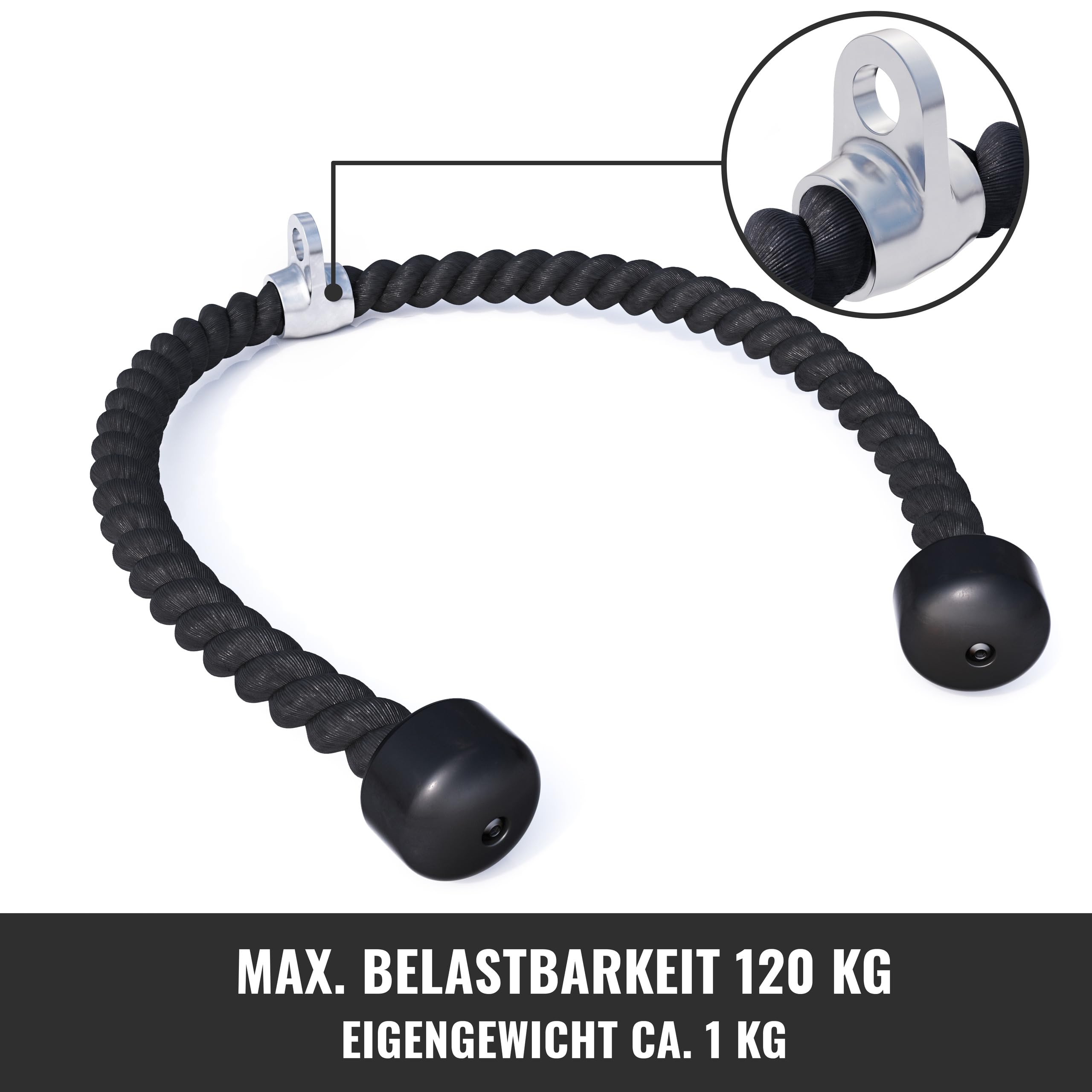 GORILLA SPORTS® Corda per Tricipiti - Lunghezza a Scelta 68 cm, 85 cm o 100 cm, in Nylon, Attacco Cromato, Antiscivolo, Nero - Corda Palestra, Pull Down, Cavi Bodybuilding, Bicipiti, Allenamento