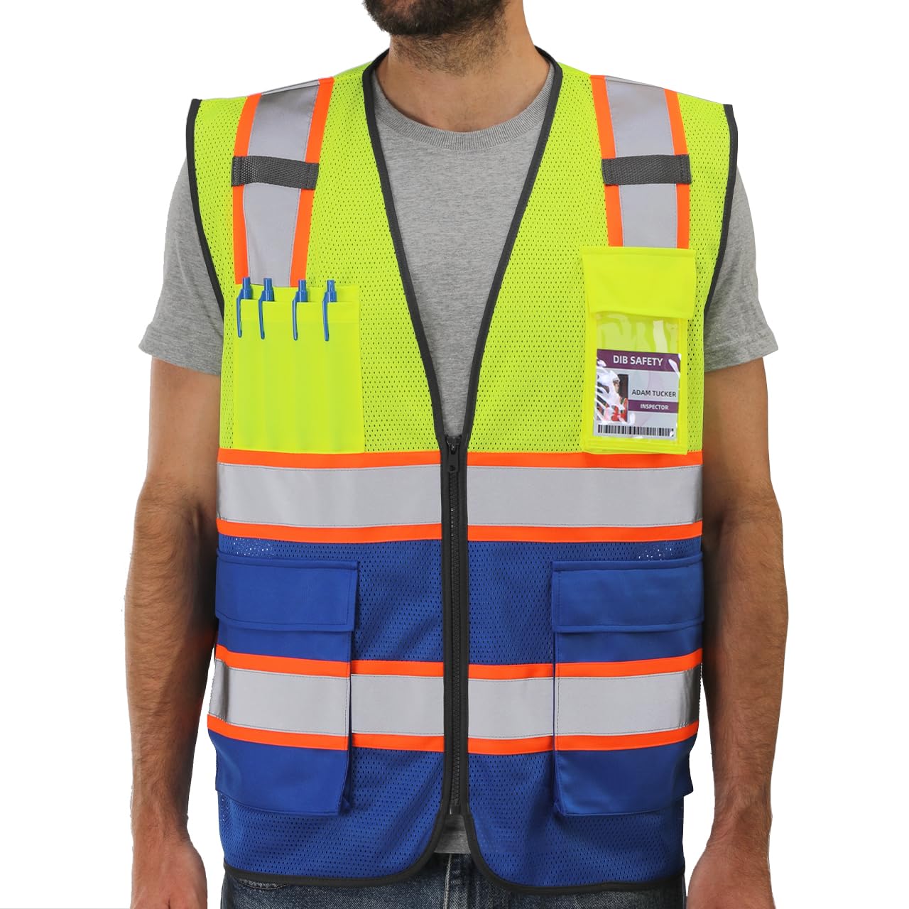 Dib Safety Reflective Mesh Vest High Visibility Two Tone with Pockets and Zipper, Yellow and Blue Mesh with Orange Trim L
