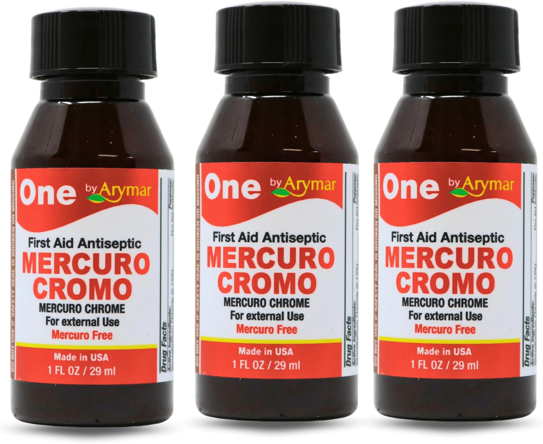 Arymar Mercuro Chrome Antiseptic Solution - First Aid Topical Liquid, 1 fl oz - for Minor Cuts and Scrapes 3 pack