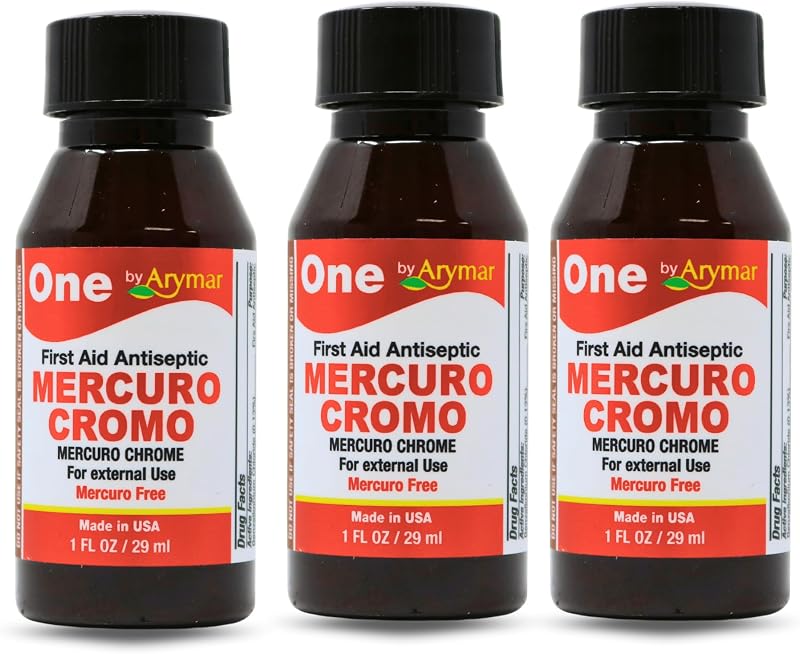Arymar Mercuro Chrome Antiseptic Solution - First Aid Topical Liquid, 1 fl oz - for Minor Cuts and Scrapes 3 pack