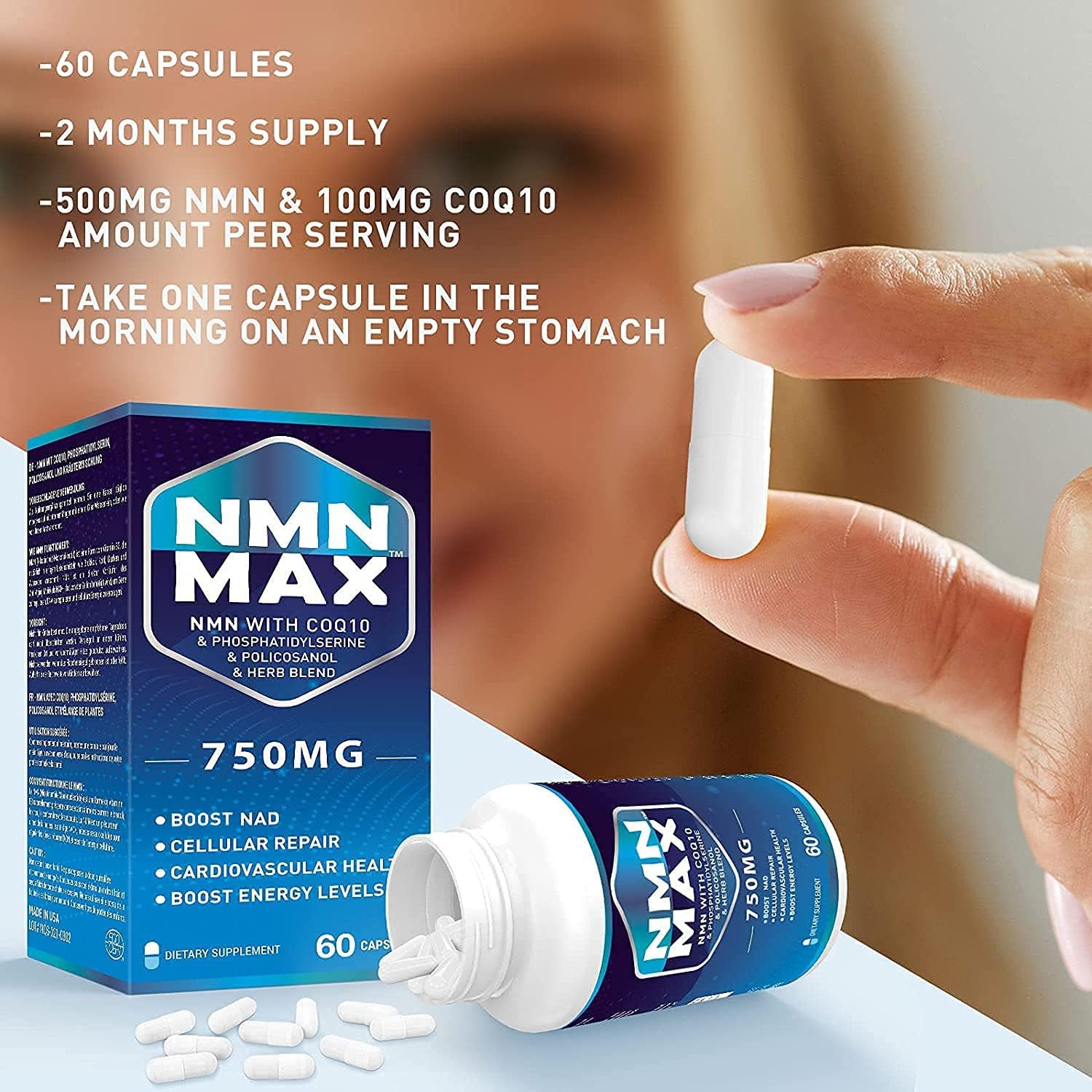 2 Pack Advanced NMN Supplement with CoQ10 750mg 7 Ingredients in 1 Capsule , Nicotinamide Mononucleotide 500mg + Coenzyme Q10 Phosphatidylserine Coenzyme Boost NAD+ for Anti-Aging & Overall Health : Health & Household